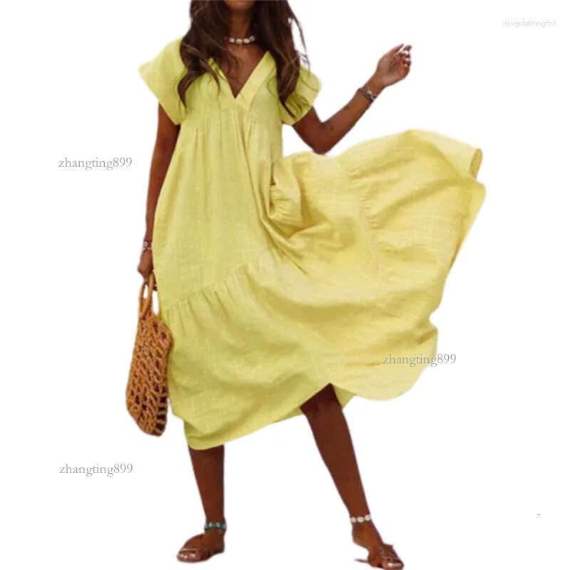Casual Dresses Large Size Loose V Neck Pullover Cotton Linen Female Summer Short Sleeve Splicing Big Hem Dressy Women Solid Color Gown