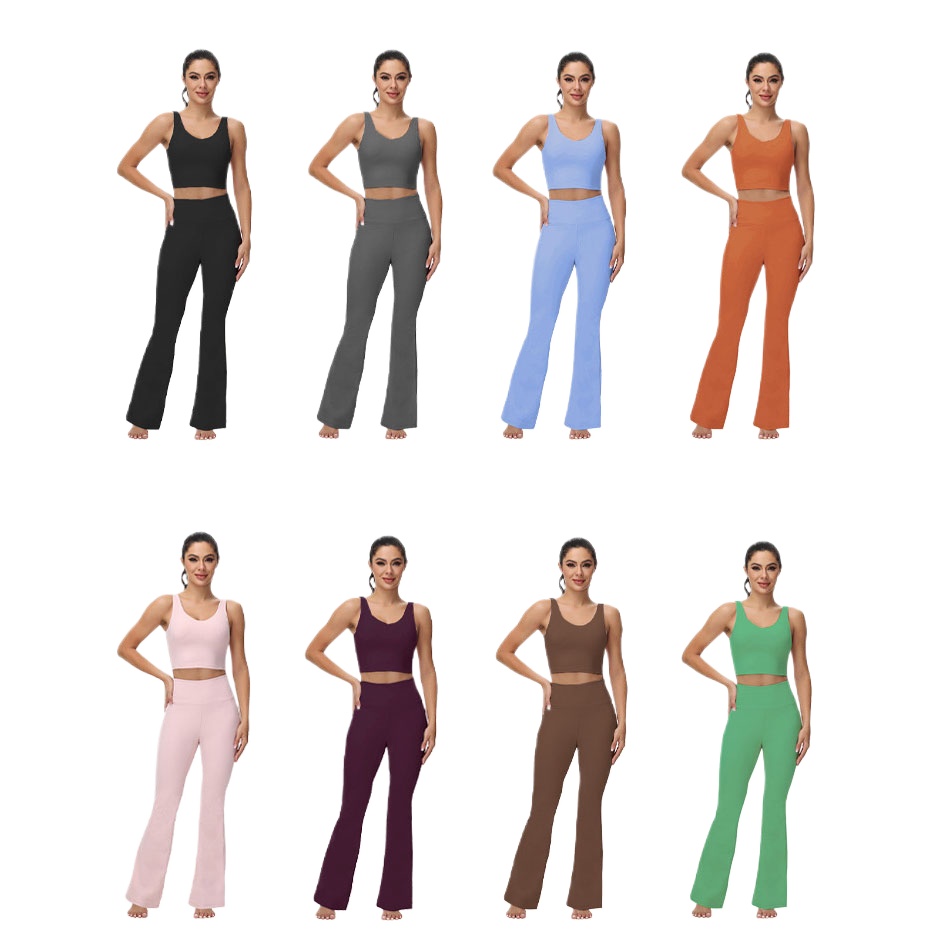 Two Pieces Flared Pants and U Back Sport Bra Yoga Set Clothes Women Tracksuit Athletic Wear High Waist Gym Pants