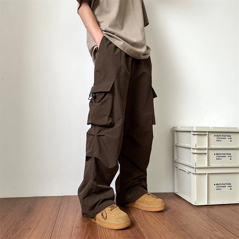Summer Thin Pants Men Fashion Pocket Cargo Pants Men Japanese Streetwear Hip-hop Loose Straight Pants Mens Oversized Trousers 240422