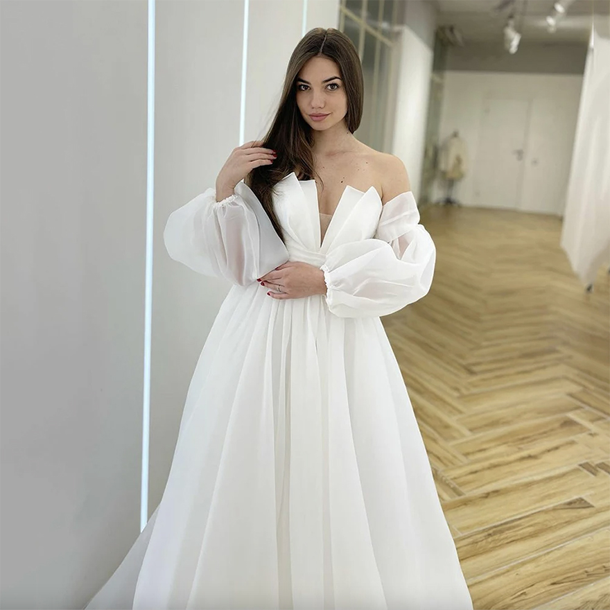 Strapless Ruched Neck Organza Wedding Dresses With Removeable Sleeves A-e Dress or Length Bridal Gown