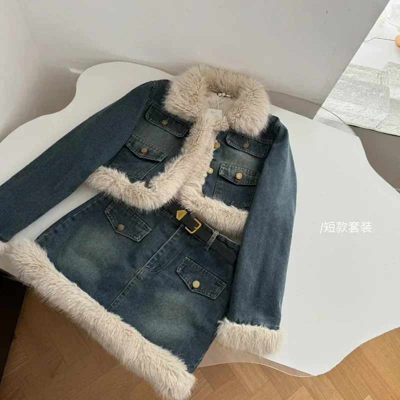 Korean Fashion Women Two Piece Sets Denim Outfits Fur Splicing Turn Down Collar Long Sleeve Jacket A Line Mini Skirt 241121