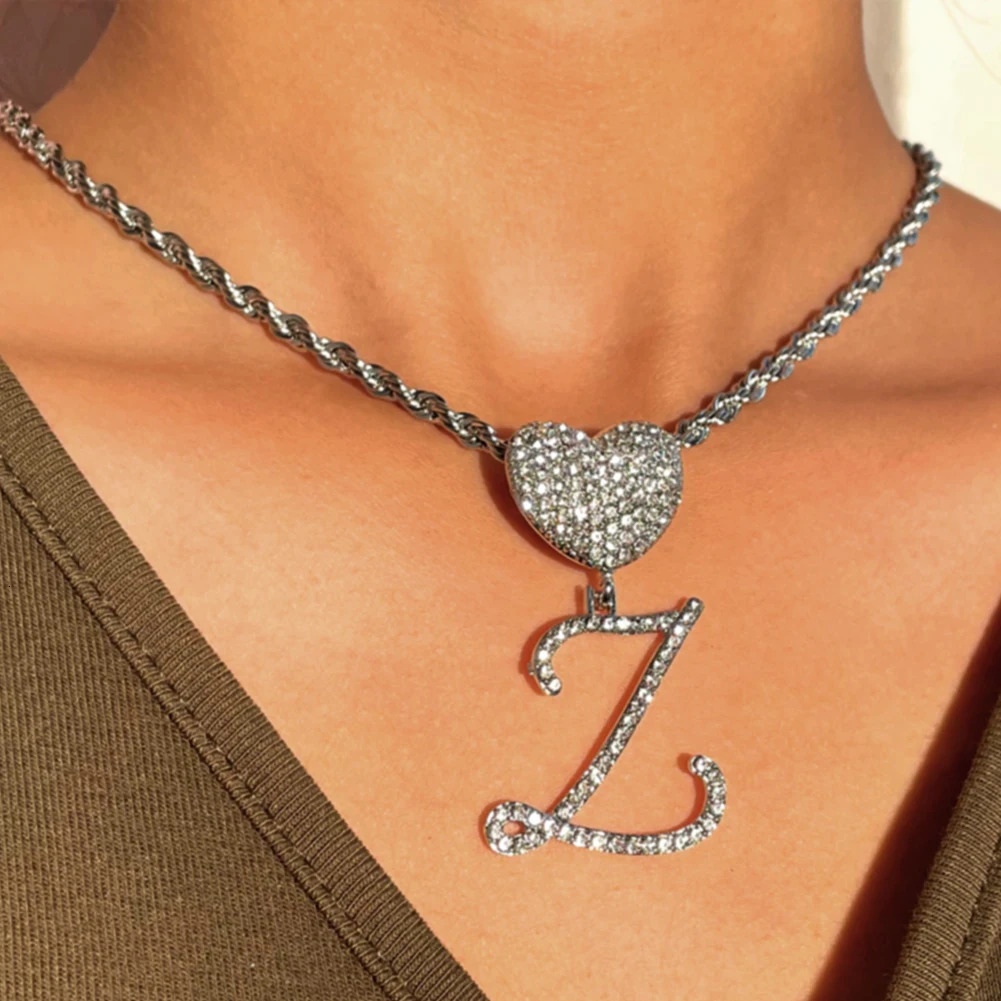 AZ Cursive Letter Heart Pendant Iced Out Cuban Necklace For Women Initial Zircon Link Chain Choker Hip hop Jewelry 241122