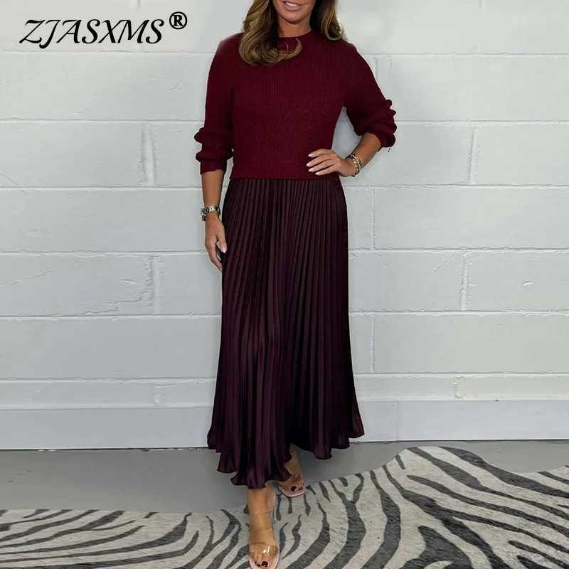 Winter solid Pahwork pleated long dress Wen Ele O collar plow dress casual long Sve party long dress Vestido M241123
