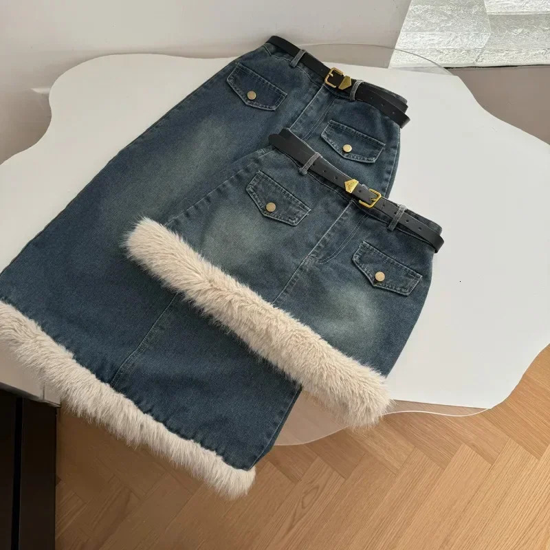 Korean Fashion Women Two Piece Sets Denim Outfits Fur Splicing Turn Down Collar Long Sleeve Jacket A Line Mini Skirt 241121