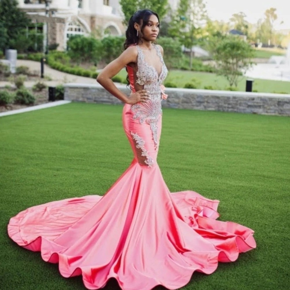 Sparkly Pink Mermaid Prom Dress For Black Girls 2024 Sier Beaded Rhinestones Party Gala Gown Robe De Soiree 0431