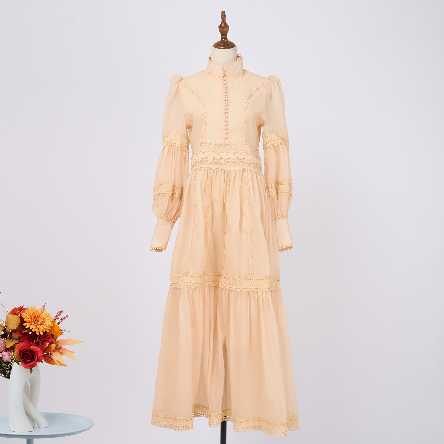 Basic Casual Dresses Autumn Holiday Flower Embroidery Lace Spliced Long Dresses Womens Stand Lantern Sleeve Hollow Out Mesh Evening Party Vestidos