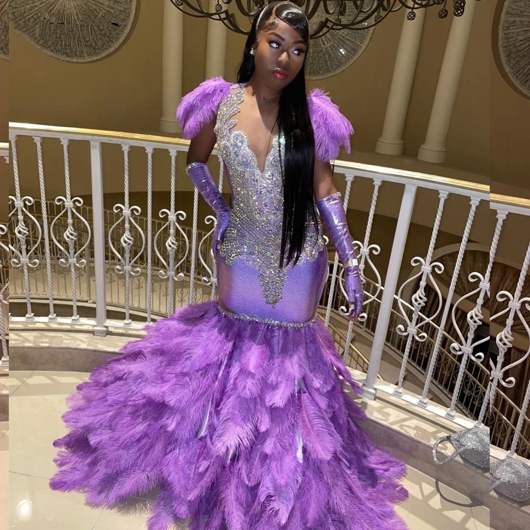 Sexy Purple Feathers Mermaid Prom Dresses 2024 For Black Girls Sier Crystal Beaded Party Gala Gown Vestidos De Festa