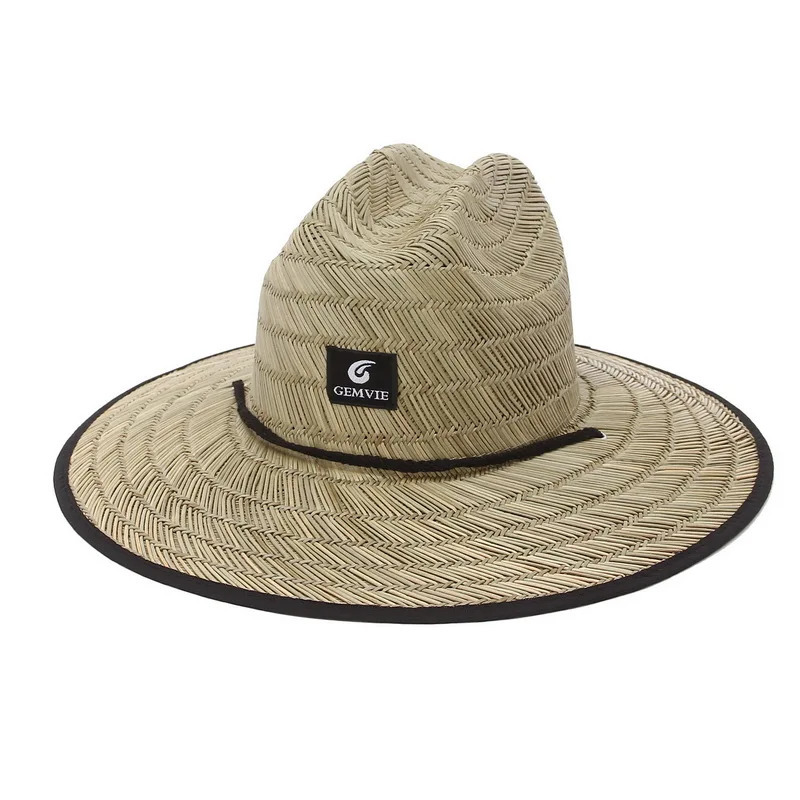 Wide Brim Straw Hat Mens Lifeguard Summer Protection Hat Black Side Outdoor Panama Hat 240419