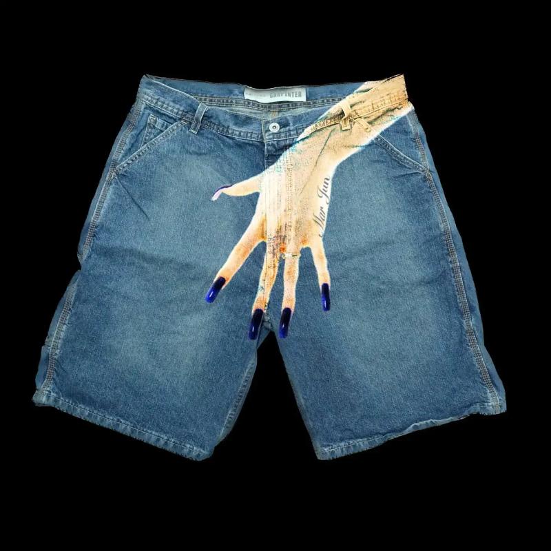 Men's Shorts Streetwear Shorts Y2K Pants Harajuku Hip Hop Finger Print Retro Blue Baggy Denim Gym Short Men Basketball Shorts Over Knee Pants
