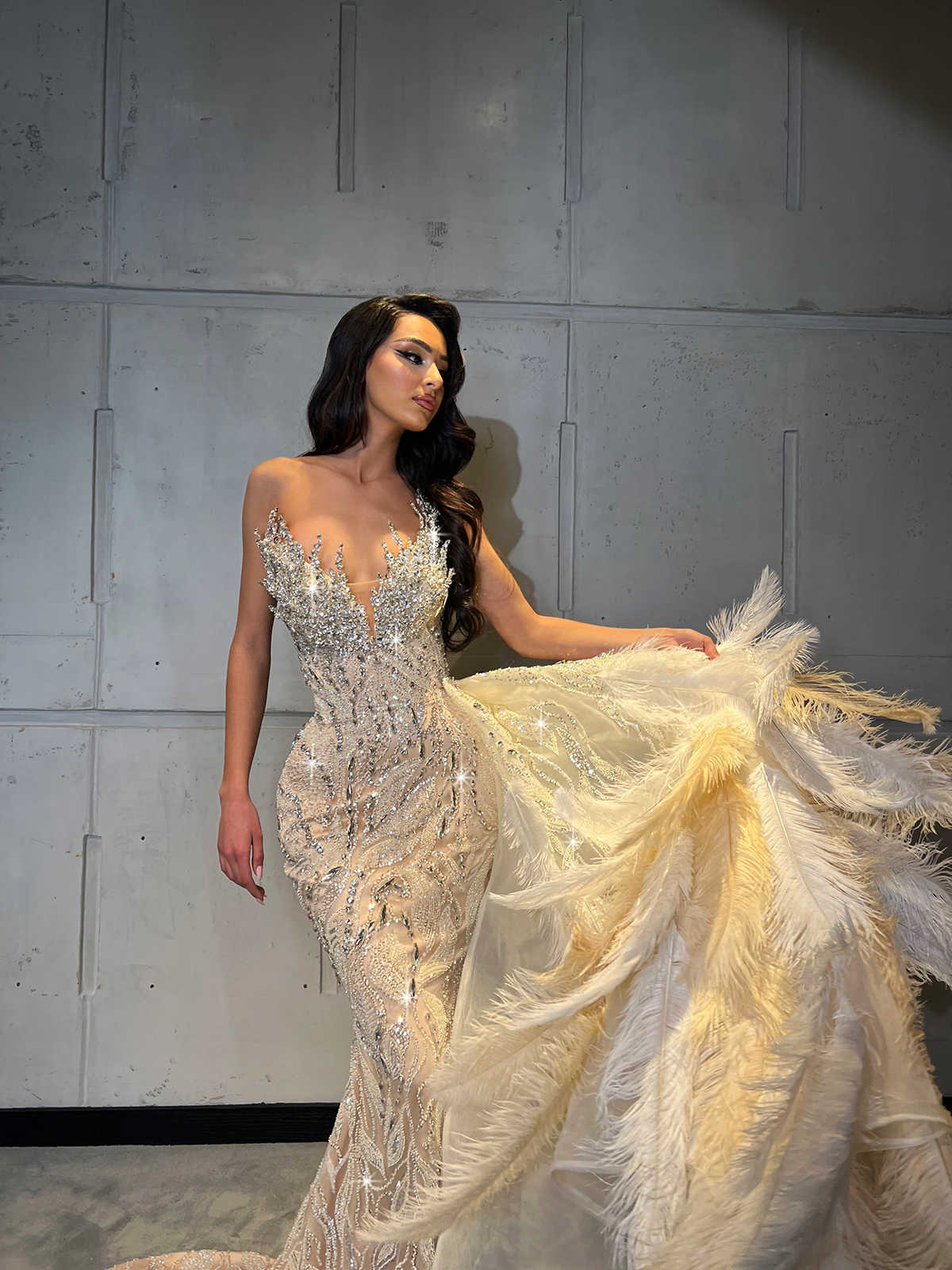 Feathers Prom Dresses Mermaid Lace Beads Sequin Crystal Detachable Train Custom Made Plus Size Glamorous Party Evening Dress Vestido De Noite 6660306