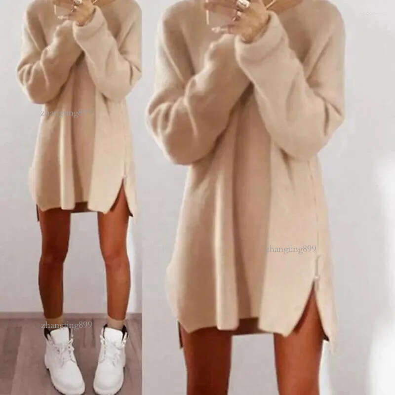 Women's Sweaters Side Zipper Women Dress Autumn Solid Color Long Sleeve Slit Loose Sweater Casual Elegant Mini Robe