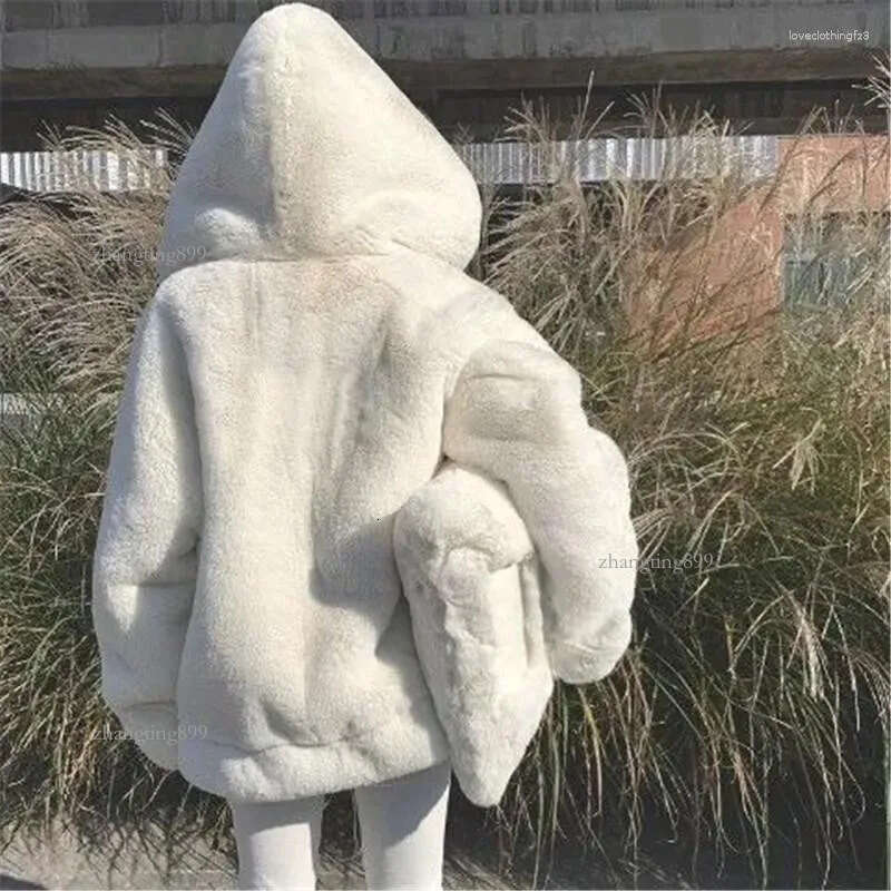 Women's Fur Plush Jacket Women Winter White Large Size Thicken Warm Hooded 2023 Zipper Furry Soft Outwear Faux Overcoat