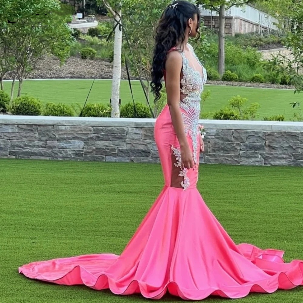Sparkly Pink Mermaid Prom Dress For Black Girls 2024 Sier Beaded Rhinestones Party Gala Gown Robe De Soiree 0431