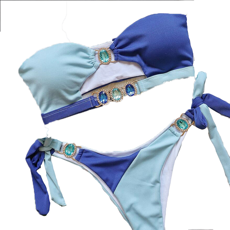 bikini swimsuit bikini swimwear bikinis swim suit Crystal Diamond Bikini Removable Padded Swimsuit Spliced Bandeau Strappy Two-piece Swimsuit