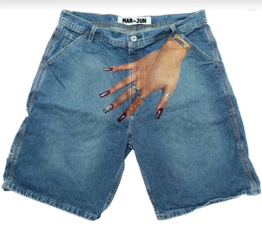 Men's Shorts Streetwear Shorts Y2K Pants Harajuku Hip Hop Finger Print Retro Blue Baggy Denim Gym Short Men Basketball Shorts Over Knee Pants
