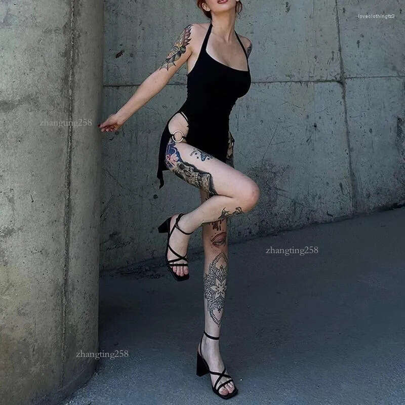 Casual Dresses Goth Dark Backless Mall Gothic Split Sexy Mini Y2k Punk Hollow Out Side Halter Dress Women Grunge O-ring Night Partywear
