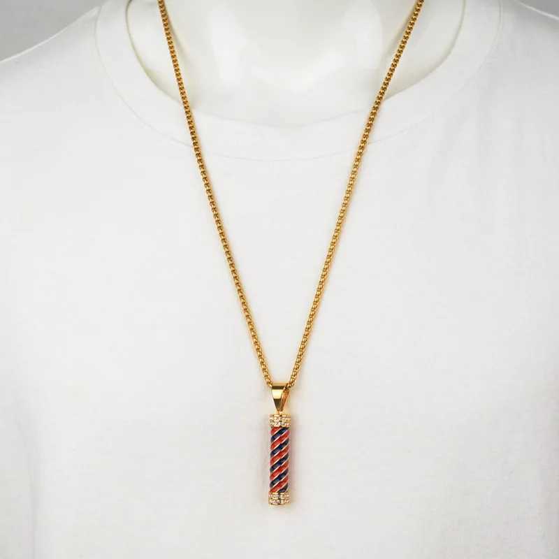 Hiphop Iced Out Barber Pole Lamp Pendant Necklaces For Men Male Gold Color Stainless Steel Chains Mens Hip Hop Jewelry GiftXJ241123