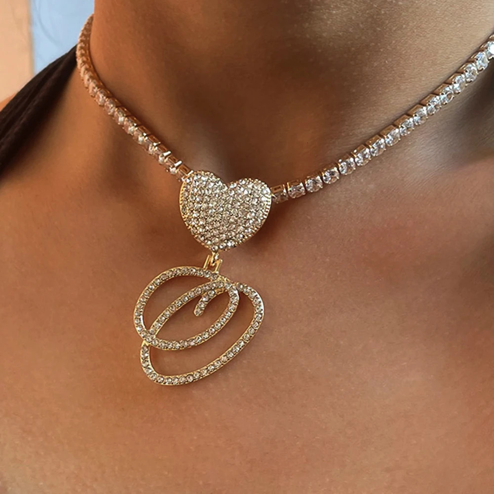 AZ Cursive Letter Heart Pendant Iced Out Cuban Necklace For Women Initial Zircon Link Chain Choker Hip hop Jewelry 241122