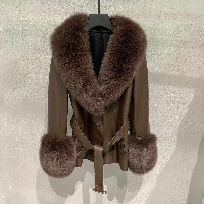 Autumn Winter Fox Fur Collar Real Leather Jacket Women Lady Streetwear Coats FG5077 241121