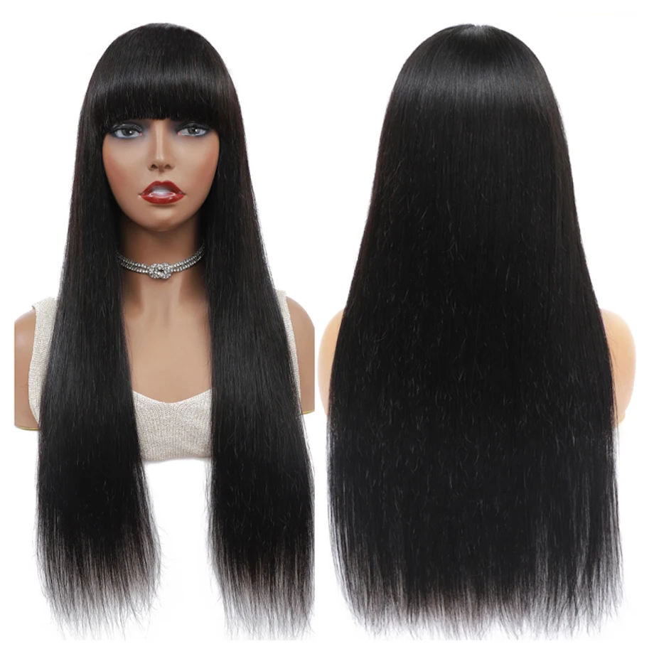 Free shipping 180density Straight with Bangs Middle Part Lace Glueless Wig Human Hair Ready To Wear Brazilian Black Wigs for Women