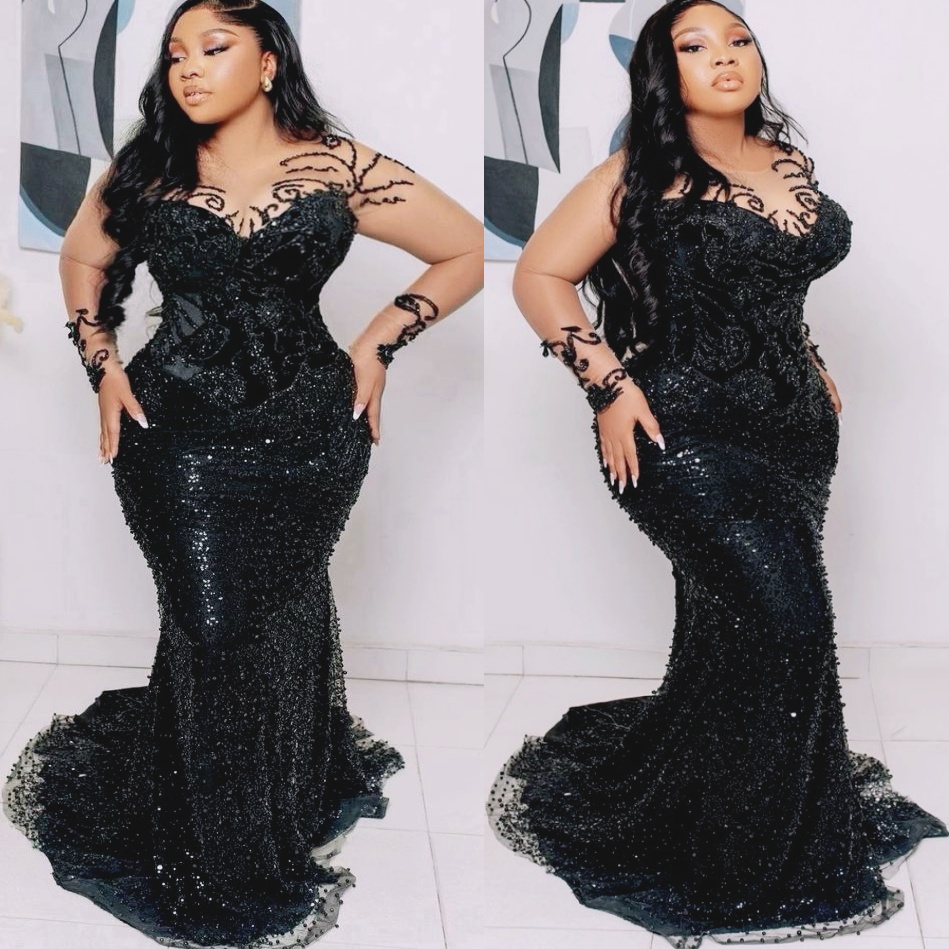 Black Beade Mermaid Prom Dresses 2024 Sequined Lace Full Sleeves Evening Formal Party Second Birthday Engagement Gowns Plus Size Dress For Brides