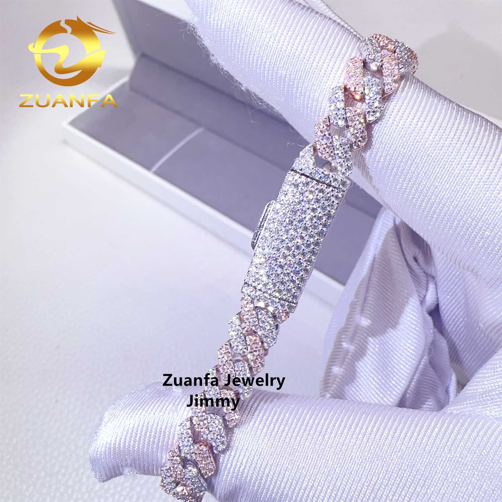 Two Tone Color 8mm 2 Rows 925 Solid Silver Iced Out Hip Hop Jewelry VVS Moissanite Diamond Cuban Link Chain Bracelet Men
