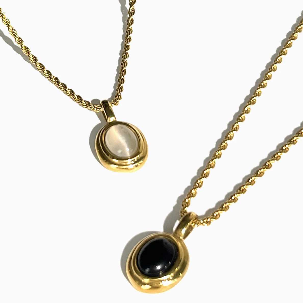 Perisbox Stainl Steel 18K Gold Pvd Plated Black White Gem Stone Oval Pendant on Twist Rope Chain Necklace Stacking JewelryX241123