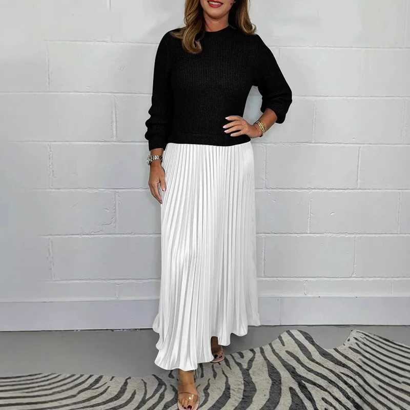 Winter solid Pahwork pleated long dress Wen Ele O collar plow dress casual long Sve party long dress Vestido M241123