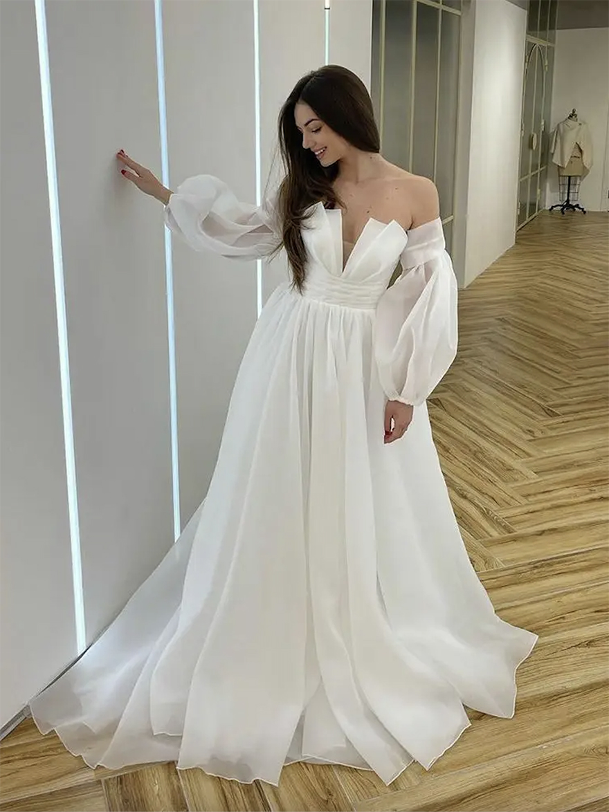 Strapless Ruched Neck Organza Wedding Dresses With Removeable Sleeves A-e Dress or Length Bridal Gown