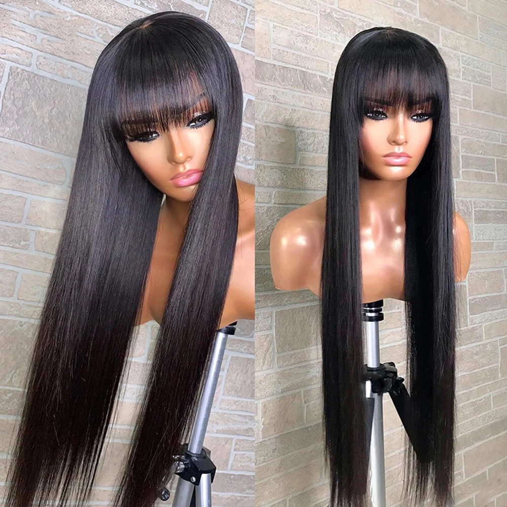 200density Straight Human Hair Wigs with Bangs NATURAL Brazilian Remy Human Hair Wigs Hair 28 Cheap Full Wigs for Women