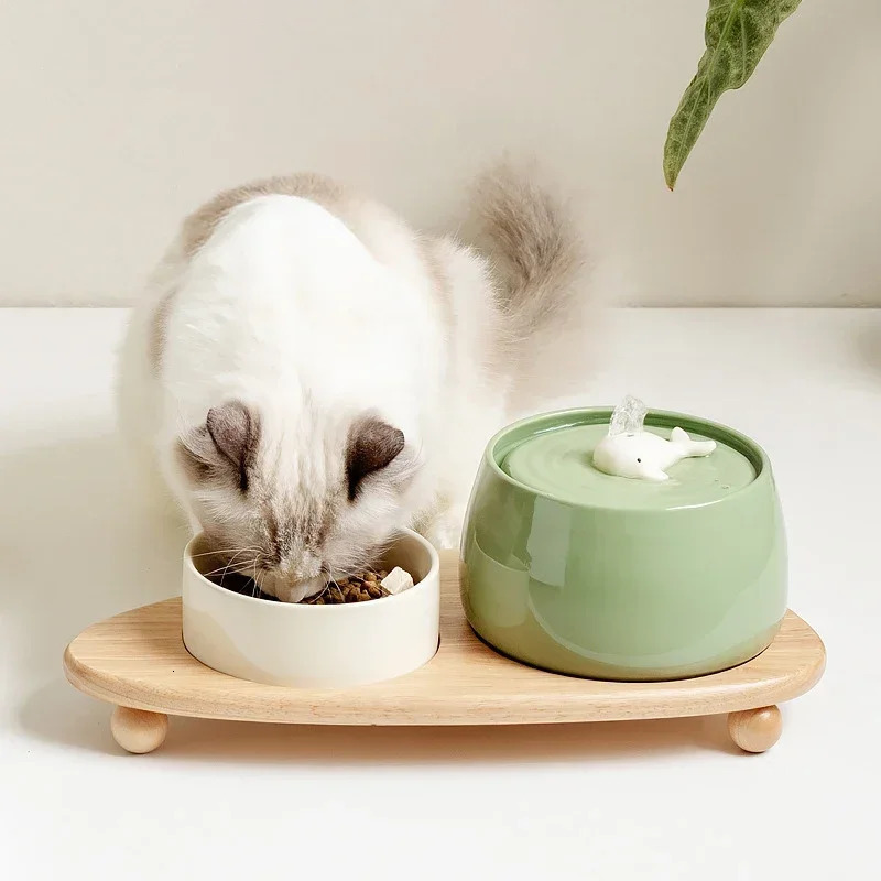 1300ml Cat Water Fountain Ceramic USB Charging Pet Beverage with Filter Small Dog Water Dispenser Wooden Stand 241122