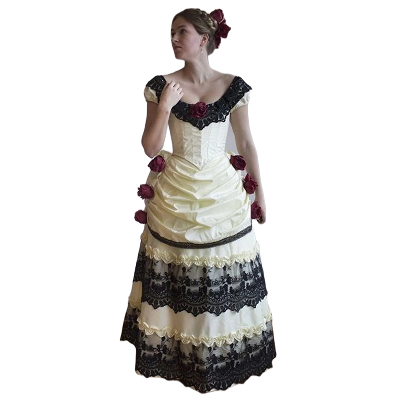 Vintage Victorian Bustle Prom Dresses Dark Ivory And Black Ruched Long Special Occasion Gown Lace Off Shoulder Historical Masquerade Dress For Women
