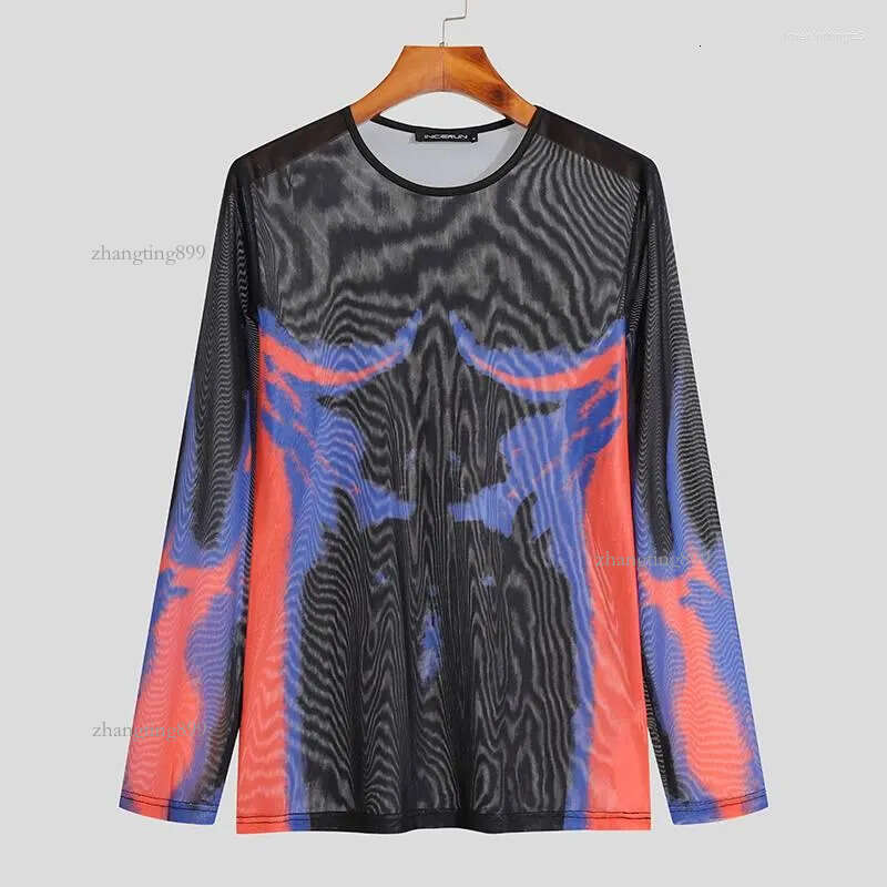 Men's T Shirts 2022 Fashion Men Shirt Printing O-neck Long Sleeve Mesh Transparent Streetwear Casual Camisetas Sexy Undershirt