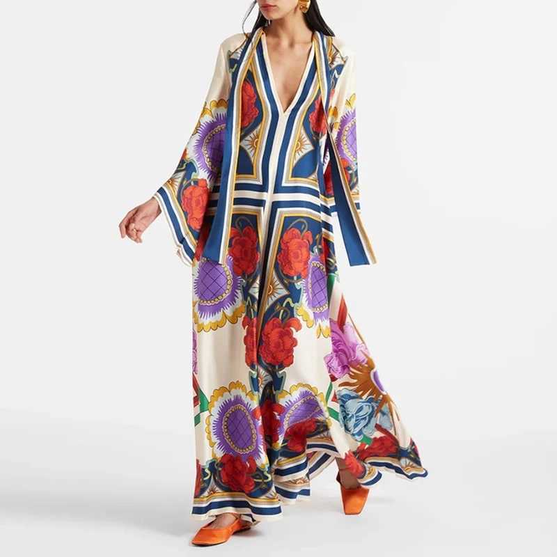 Ethnic retro spring printed Bohemian long dress sexy lace stand up lace party dress autumn long Sve loose womens long dress M241123