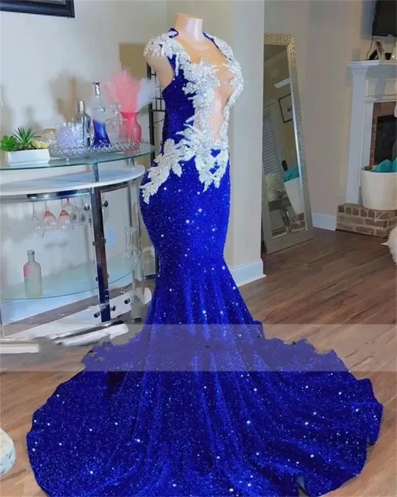 Sparkly Royal Blue Mermaid Prom Dress Crystal Rhinestones Graduation Party Dress Evening Gowns Robe De Bal Custom Made