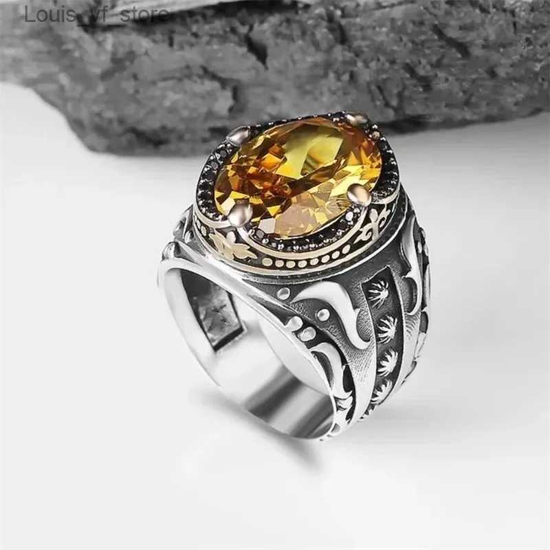 Band Rings Vintage Handmade Turkish Signet Ring for Men Trendy Silver Color Carving Pattern Inlay Multicolour Zircon Punk Motor Biker H240424