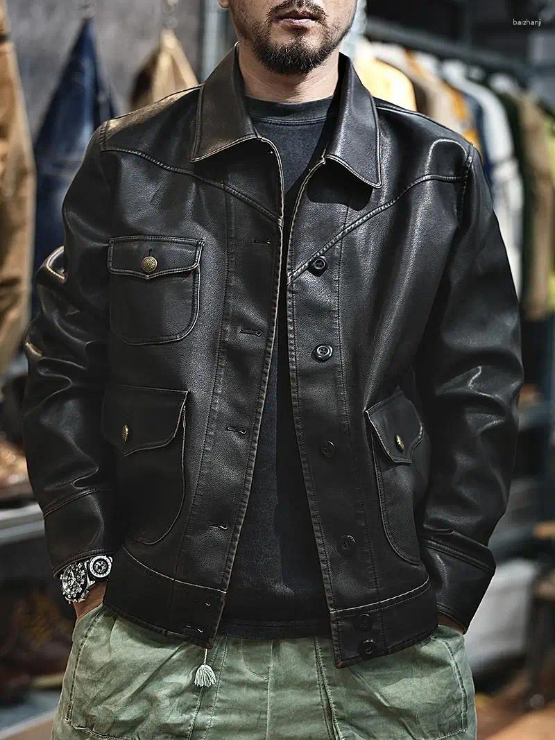 Men's Jackets American Retro Leather Jacket Loose Button Open Cardigan Premium Lapel Motorcycle PU Flight Vintage Autumn