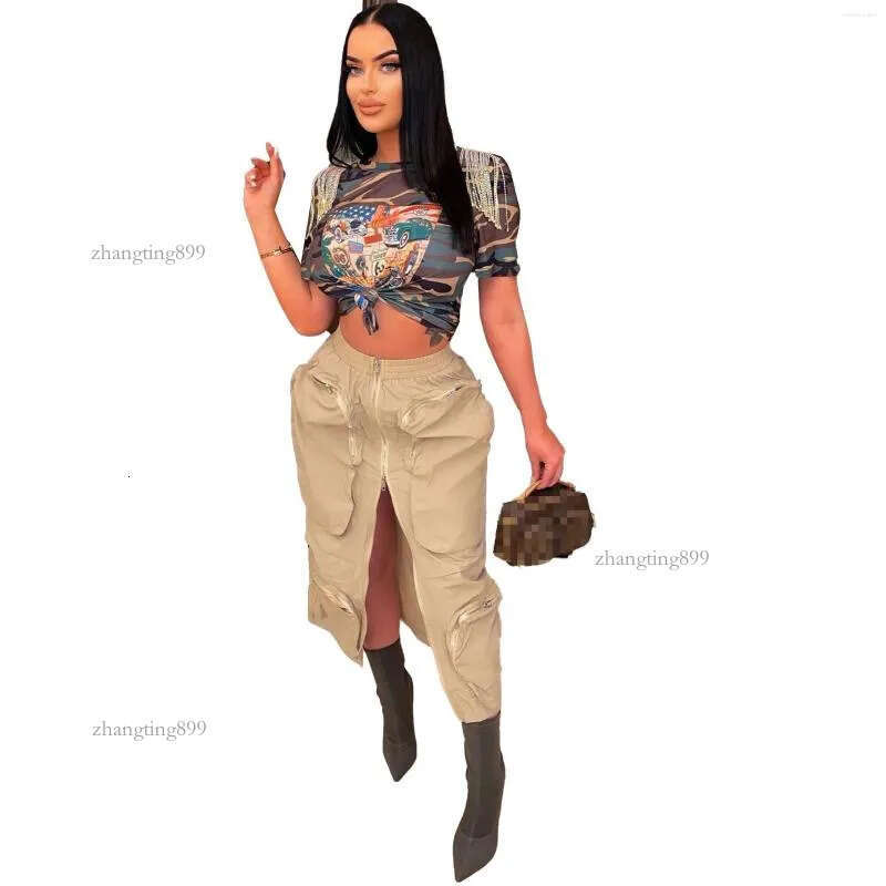 Skirts Plus Size Elastic Waist Khaki Army Green Cargo Skirt 2023 Summer Women Y2K Front 3D Pockets Center Zipper Midi Streetwear