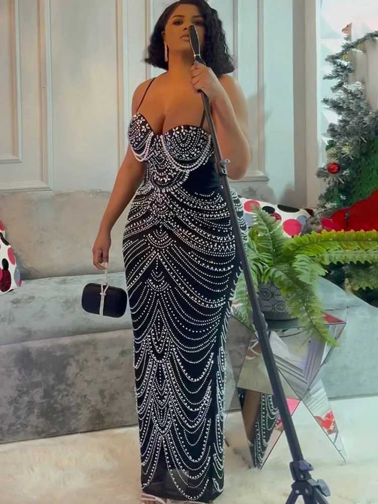 Beyprern Beautif Gold Bead Body Dress Sparkling Pearl Rhine Long Dress Birthday Party Dress New Year Dress M241123
