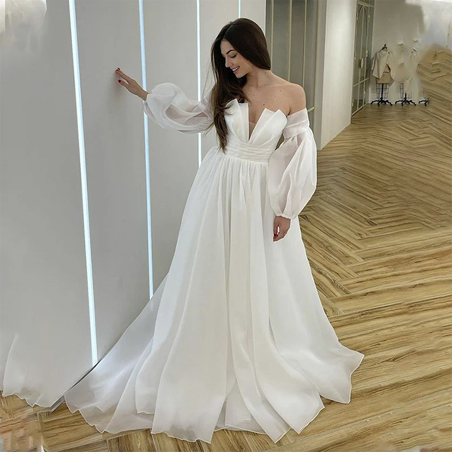 Strapless Ruched Neck Organza Wedding Dresses With Removeable Sleeves A-e Dress or Length Bridal Gown