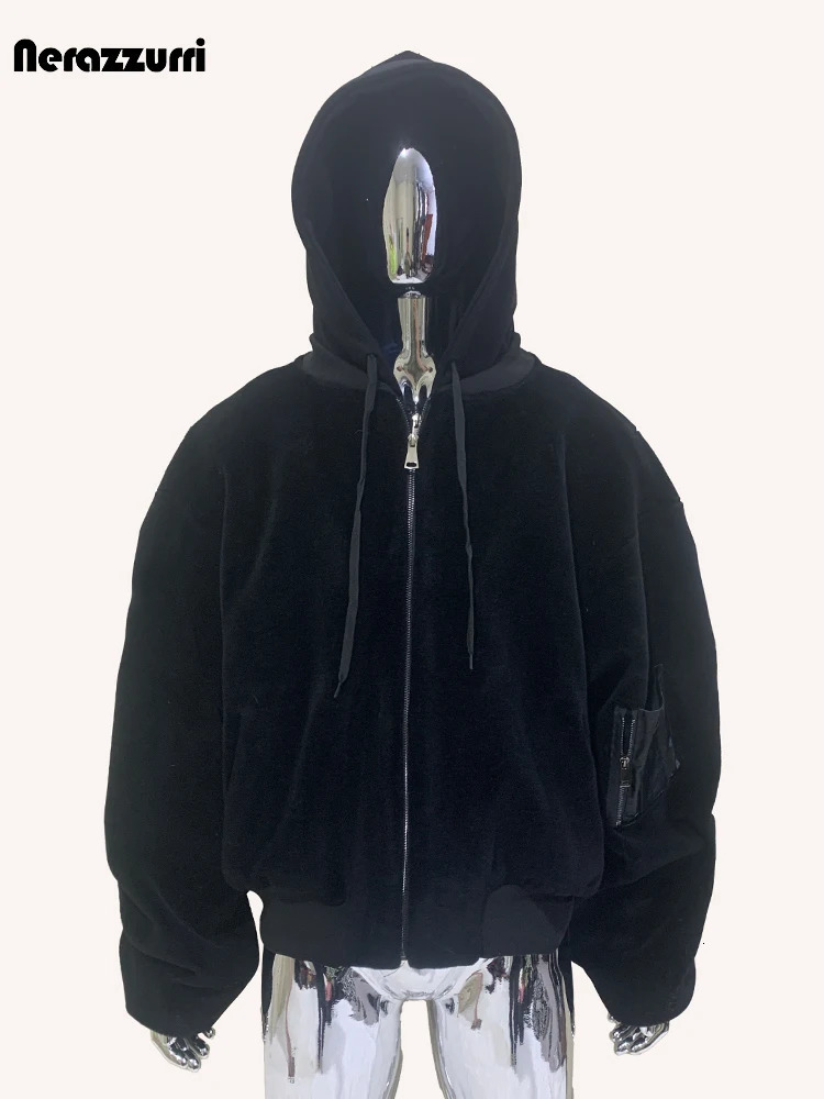 Nerazzurri Autumn Winter Cool Extra Thick Warm Black Fur Coat Mens 2-piece Clothing Hoodie Fluffy Armor Jacket 241122