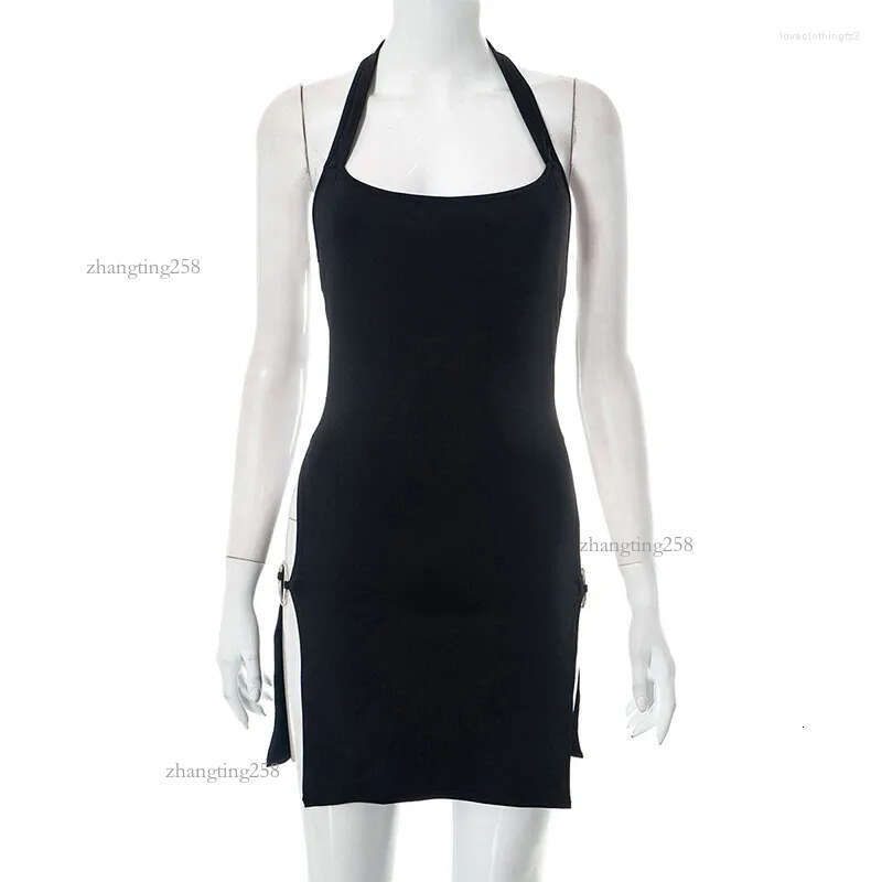 Casual Dresses Goth Dark Backless Mall Gothic Split Sexy Mini Y2k Punk Hollow Out Side Halter Dress Women Grunge O-ring Night Partywear