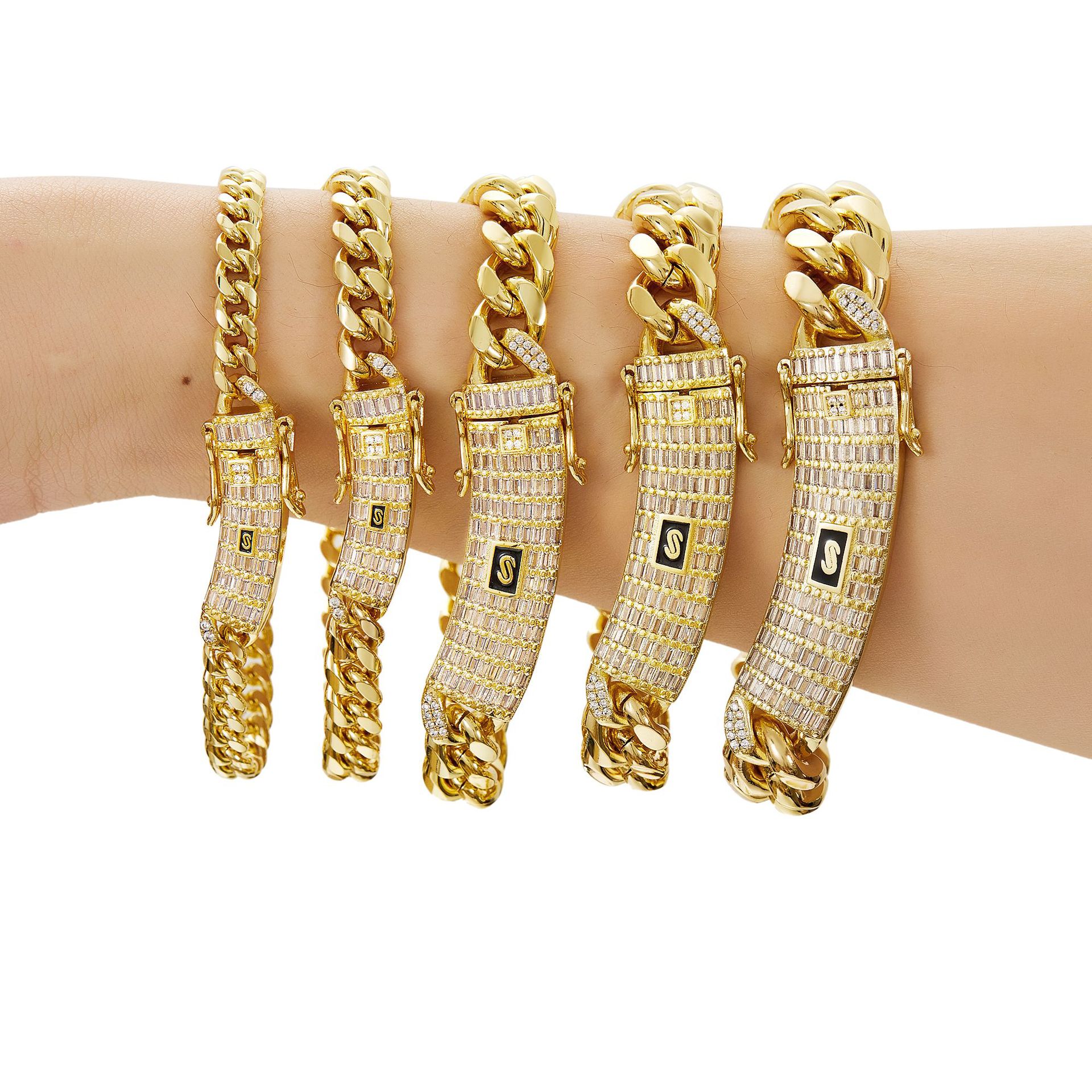 6-14mm Solid Stainless Steel Miami Cuban Chain Necklace Bracelets T Zircon Long Clasp 14K Gold Plated Jewelry