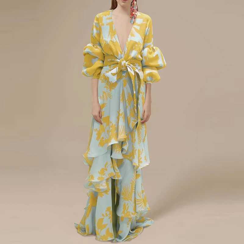 Womens Retro Printed Ruffle Party Dress Ele Deep V-neck Lantern Sve Long Dress Fashion Tie Waist Irregar Bohen Dress M241123