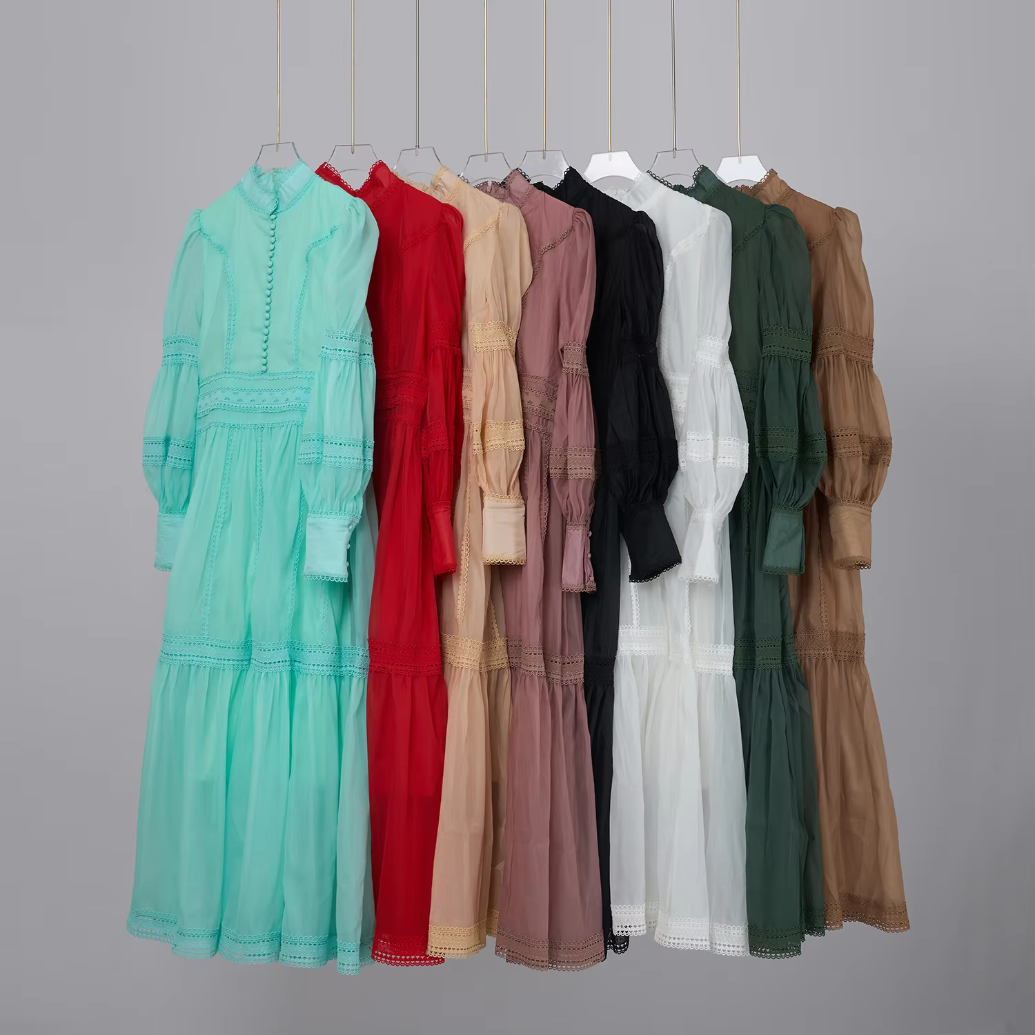 Basic Casual Dresses Autumn Holiday Flower Embroidery Lace Spliced Long Dresses Womens Stand Lantern Sleeve Hollow Out Mesh Evening Party Vestidos