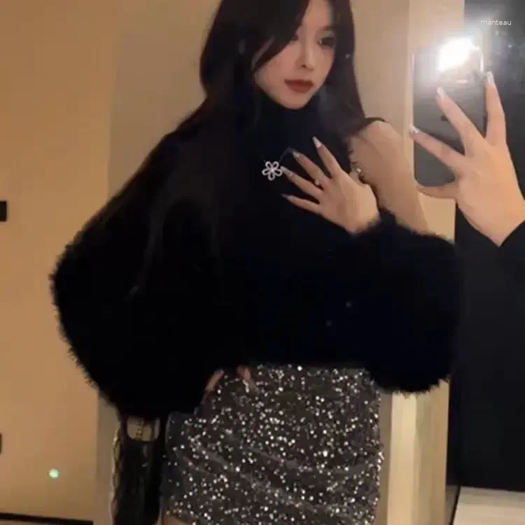 Womens Knits 2024 Autumn Winter Grunge Two Pieces Set Women Fashion Cardigan Coats Fluffy Pullovers Sweaters Cropped Cloth Solid Vest