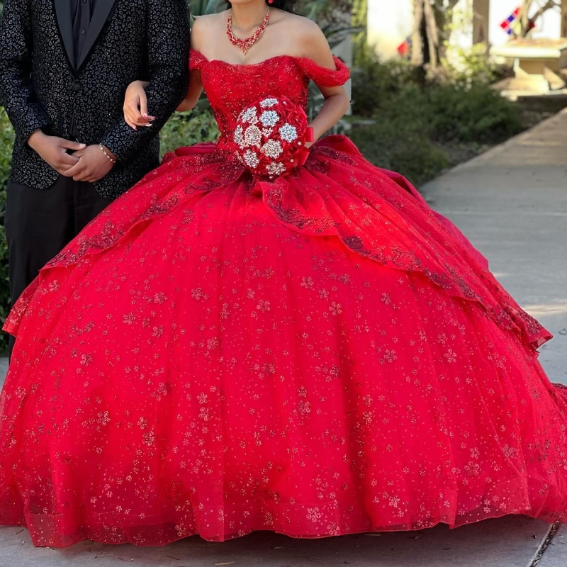 Quinceanera Red Dresses Princess Sequin Applique Lace Beads Bow Tull Ball Gown Birthday Party Lace Up Sweet Dress Vestidos De Anos D