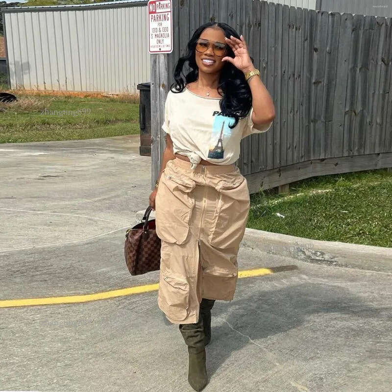 Skirts Plus Size Elastic Waist Khaki Army Green Cargo Skirt 2023 Summer Women Y2K Front 3D Pockets Center Zipper Midi Streetwear