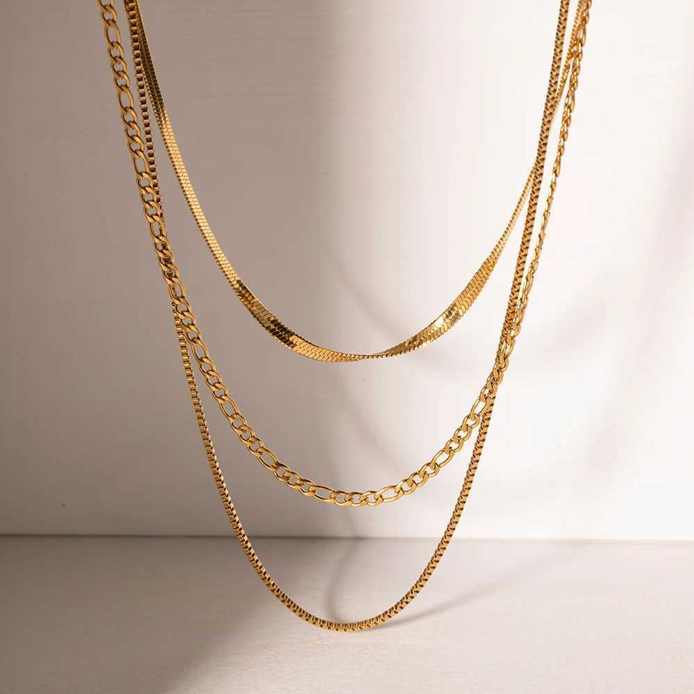 18K Gold Plated Stainl Steel Flat Snake Chain With Letter Triple Layered Necklace Vintage Luxury Women Tarnish-proof ChainX241123