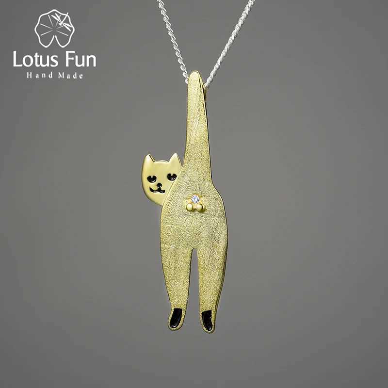 Lotus Fun 18K Gold Long Naughty Fashion Cute Cat Pendant 925 Pure Silver Chain and Necklace X241123